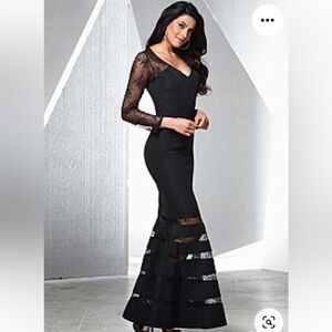 Venus lace illusion hem black mermaid Evening gown, lace sleeve, maxi size S